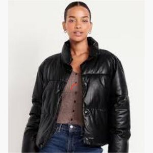 Old Navy Faux Leather Women's Black Puffer Jacket Size XXL NWT